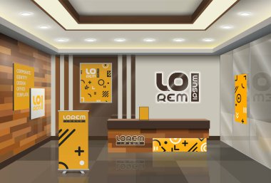 Geometrik desenli Turuncu Yaratıcı ofis tasarımı. İç reklamcılık unsurları. Şirket kimliği
