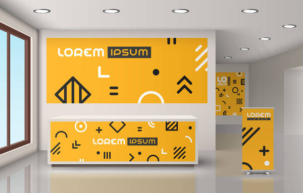 Оранжевый дизайн офиса Creative с геометрическим узором. Элементы внутренней рекламы. Фирменный стиль
