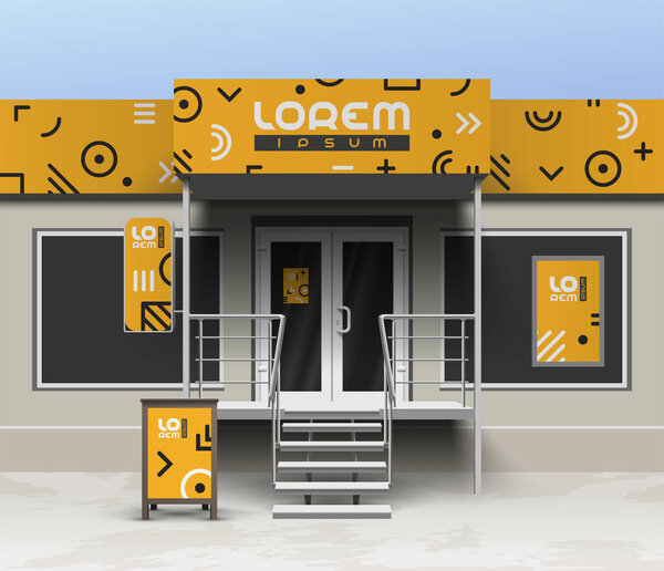 Оранжевый дизайн магазина с геометрическим рисунком. Элементы наружной рекламы. Фирменный стиль
