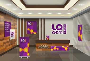 Turuncu moleküllü mor ofis tasarımı. İç reklamcılık unsurları. Şirket kimliği