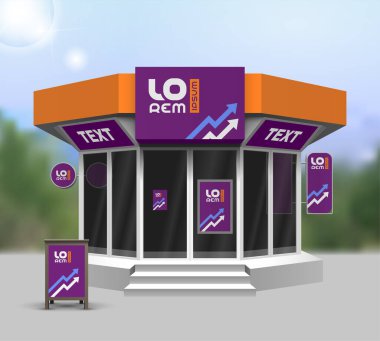 Turuncu moleküllü mor mağaza tasarımı. Açık hava reklamcılığının unsurları. Şirket kimliği