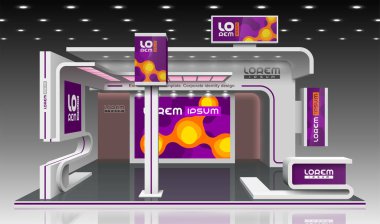 Turuncu moleküllü mor sergi standı tasarımı. Booth şablonu. Şirket kimliği