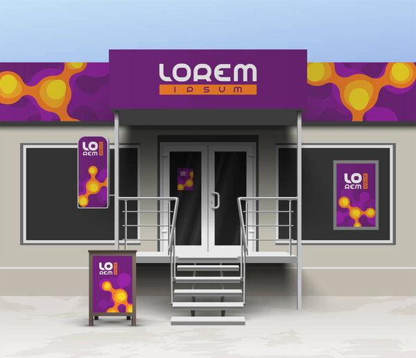 Фиолетовый дизайн магазина с оранжевыми молекулами. Элементы наружной рекламы. Фирменный стиль
