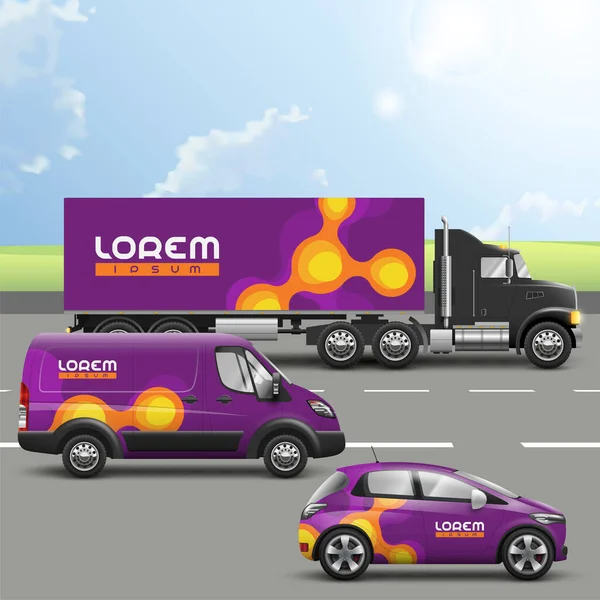 Projeto Publicidade Transporte Roxo Com Moléculas Laranja Modelos Caminhão Ônibus — Vetor de Stock