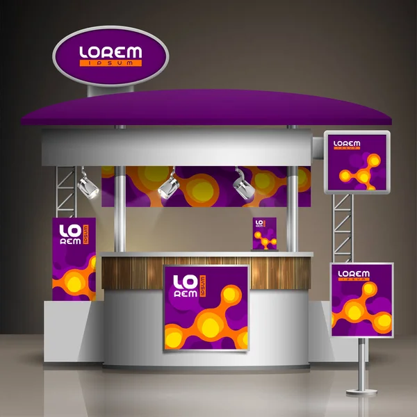 Diseño Del Stand Exposición Púrpura Con Moléculas Naranjas Plantilla Cabina — Vector de stock