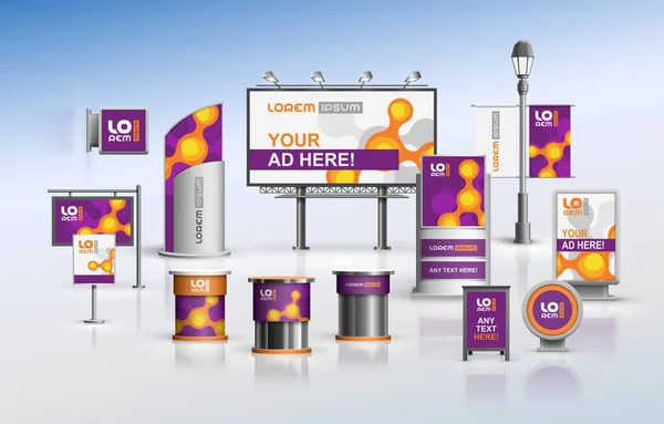 Diseño Publicidad Exterior Púrpura Para Identidad Corporativa Con Moléculas Naranja — Vector de stock