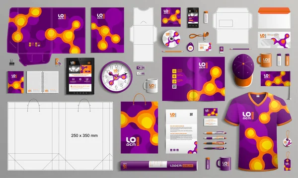 Design Modelo Identidade Corporativa Roxa Com Moléculas Laranja Papelaria Comercial — Vetor de Stock