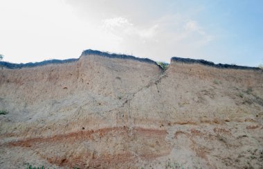 Toprak tabakalarının görülebildiği bir uçurum, üstünde gökyüzü ve bulutlar