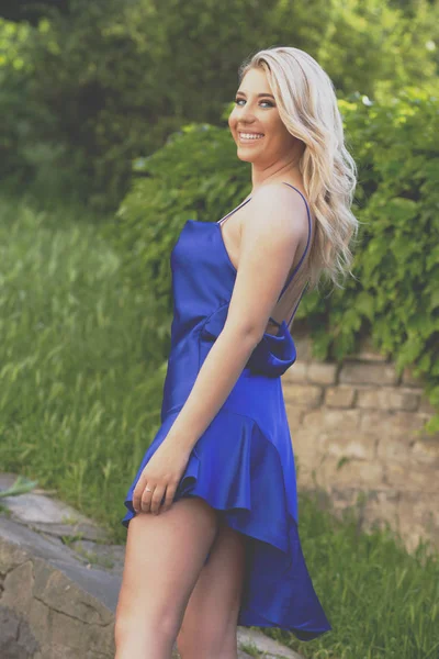 Mavi Elbiseli Şehvetli Sarışın Kız Genç Güzel Kız Doğada Poz — Stok fotoğraf