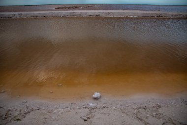 Manzara. Meksika 'daki göl. Güzel Laguna Colorada, Rio Lagatos 'ta Pembe Salt Gölü. Peyzaj. 