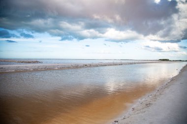 Manzara. Meksika 'daki göl. Güzel Laguna Colorada, Rio Lagatos 'ta Pembe Salt Gölü. Peyzaj. 
