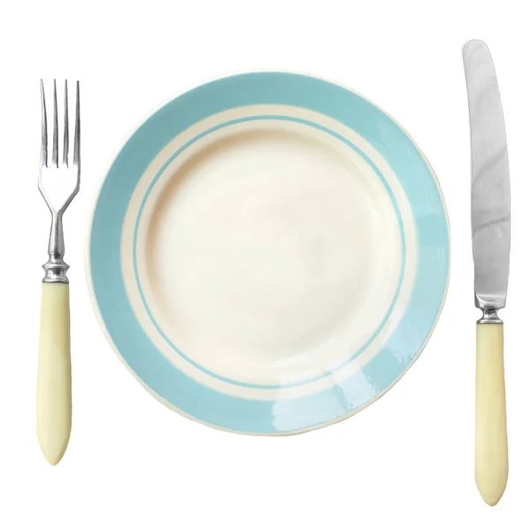Empty Plate Blue Stripes Fork Knife Isolated White Background — Stock Photo, Image