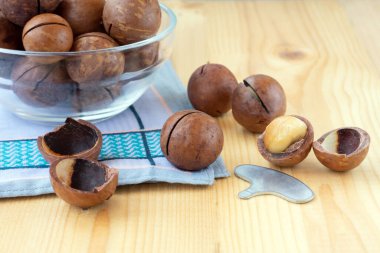 Çekirdeklerin içinde macadamia fındığı yığını ve yarısı mavi peçete ve şeffaf kâseyle ahşap arka planda açılmış. Avustralya fıstıklarının tohumları, aynı zamanda Macadamia olarak da bilinir. Makro yiyecek fotoğrafı. Yakından bak..