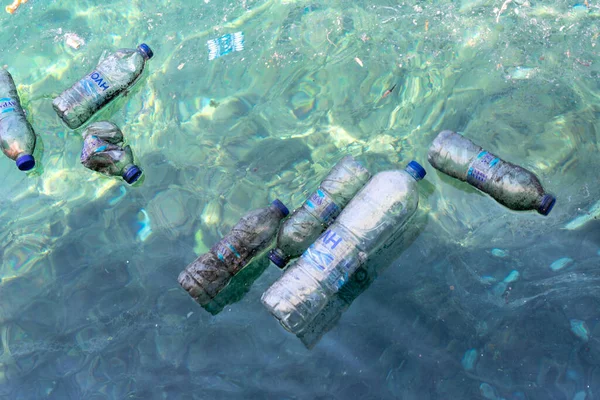 Greece June 2020 Group Floating Plastic Bottles Water Surface Enviromental — Stock Photo, Image