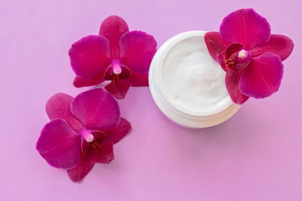 White Container Cream Face Body Magenta Orchid Flowers Pink Background — Stock Photo, Image