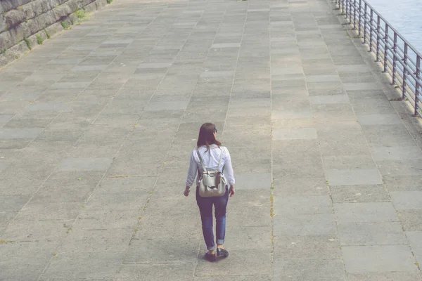 Tylny Widok Kobiety Stojącej Idącej Daleko Przez Ochronę Poręczy Promenadzie Zdjęcie Stockowe