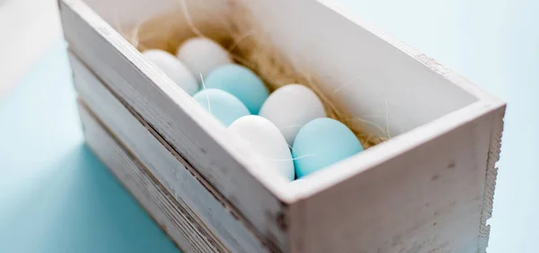 Traditionell Bemalte Weiße Und Blaue Ostereier Kleinem Karton Pastellfarbener Hintergrund — Stockfoto