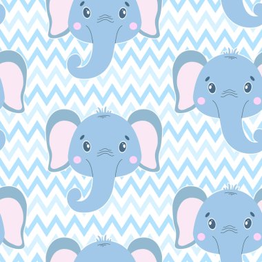 Sevimli vektör fil yüzü ile seamless modeli. Beyaz zikzak arka plan üzerinde.