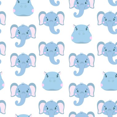 Sevimli vektör fil su aygırı yüzü ile seamless modeli. Beyaz arka plan üzerinde. Karikatür çizim.