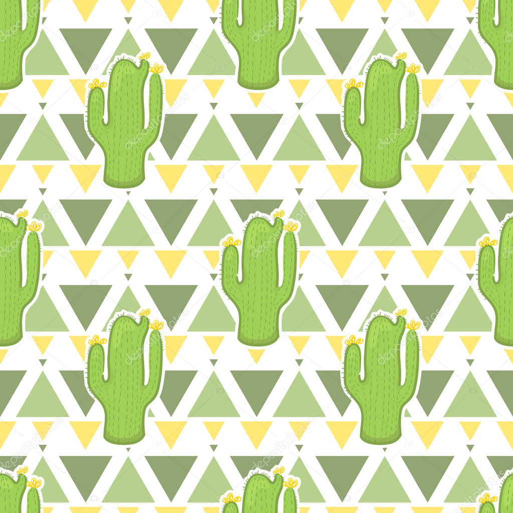 Vector seamless trendy pattern with different cactuses. On a triangle ornament white background. Cartoon illustration.
