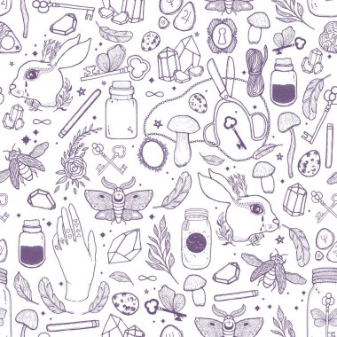 Sketch vektör grafik Dikişsiz desen çizim mistik ve gizli el ile sembolleri çizilmiş. Sihirli ve ezoterik kavramı. Vintage öğe Masonluk. Fantezi işareti