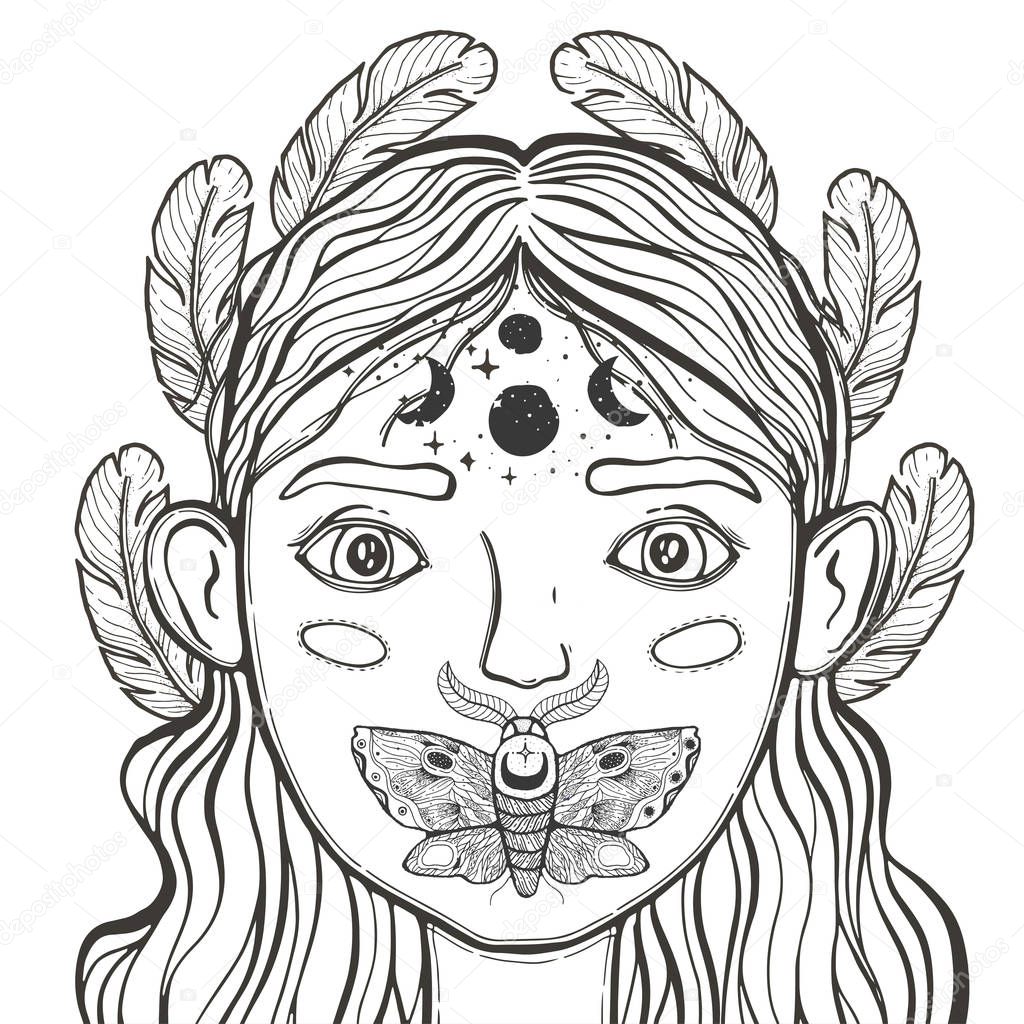 Beautiful young teenage girl, face foreground. Vintage sketch style of drawing. Sketch for tattoo, isolated print on t-shirt. Magical, mystical, ethnic style. Vector illustration.