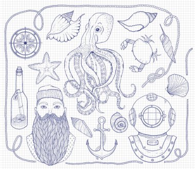 Elle çizilmiş Vintage deniz küme. Ahtapot, denizci, şişe bir mesaj, deniz kabuklarını, yengeç, pusula, Dalış kask, ip ve deniz düğüm ile oluşur. Vektör çizim.