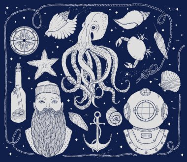 Elle çizilmiş Vintage deniz küme. Ahtapot, denizci, şişe bir mesaj, deniz kabuklarını, yengeç, pusula, Dalış kask, ip ve deniz düğüm ile oluşur. Vektör çizim.
