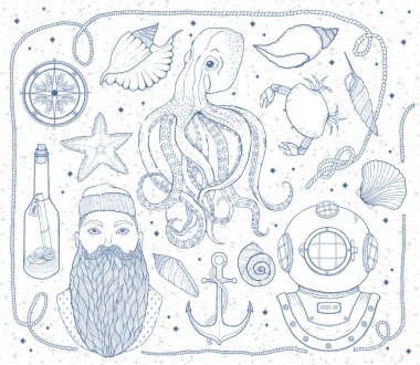 Elle çizilmiş Vintage deniz küme. Ahtapot, denizci, şişe bir mesaj, deniz kabuklarını, yengeç, pusula, Dalış kask, ip ve deniz düğüm ile oluşur. Vektör çizim.