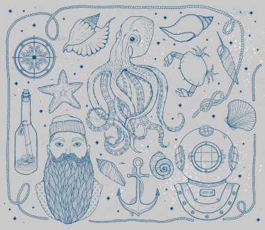 Elle çizilmiş Vintage deniz küme. Ahtapot, denizci, şişe bir mesaj, deniz kabuklarını, yengeç, pusula, Dalış kask, ip ve deniz düğüm ile oluşur. Vektör çizim.