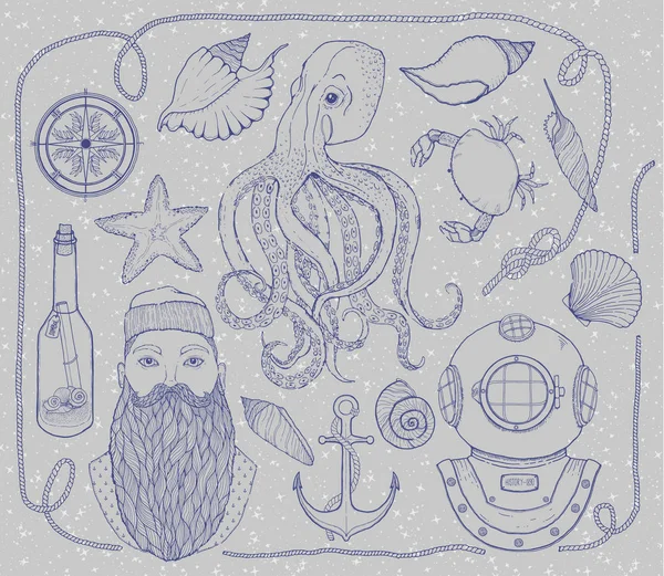Elle çizilmiş Vintage deniz küme. Ahtapot, denizci, şişe bir mesaj, deniz kabuklarını, yengeç, pusula, Dalış kask, ip ve deniz düğüm ile oluşur. Vektör çizim.