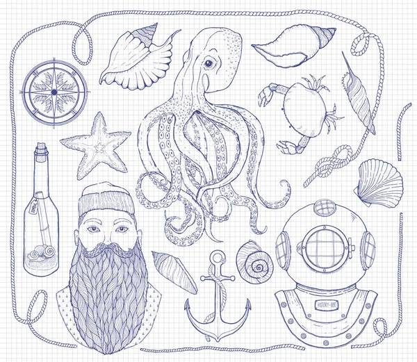 Elle çizilmiş Vintage deniz küme. Ahtapot, denizci, şişe bir mesaj, deniz kabuklarını, yengeç, pusula, Dalış kask, ip ve deniz düğüm ile oluşur. Vektör çizim.