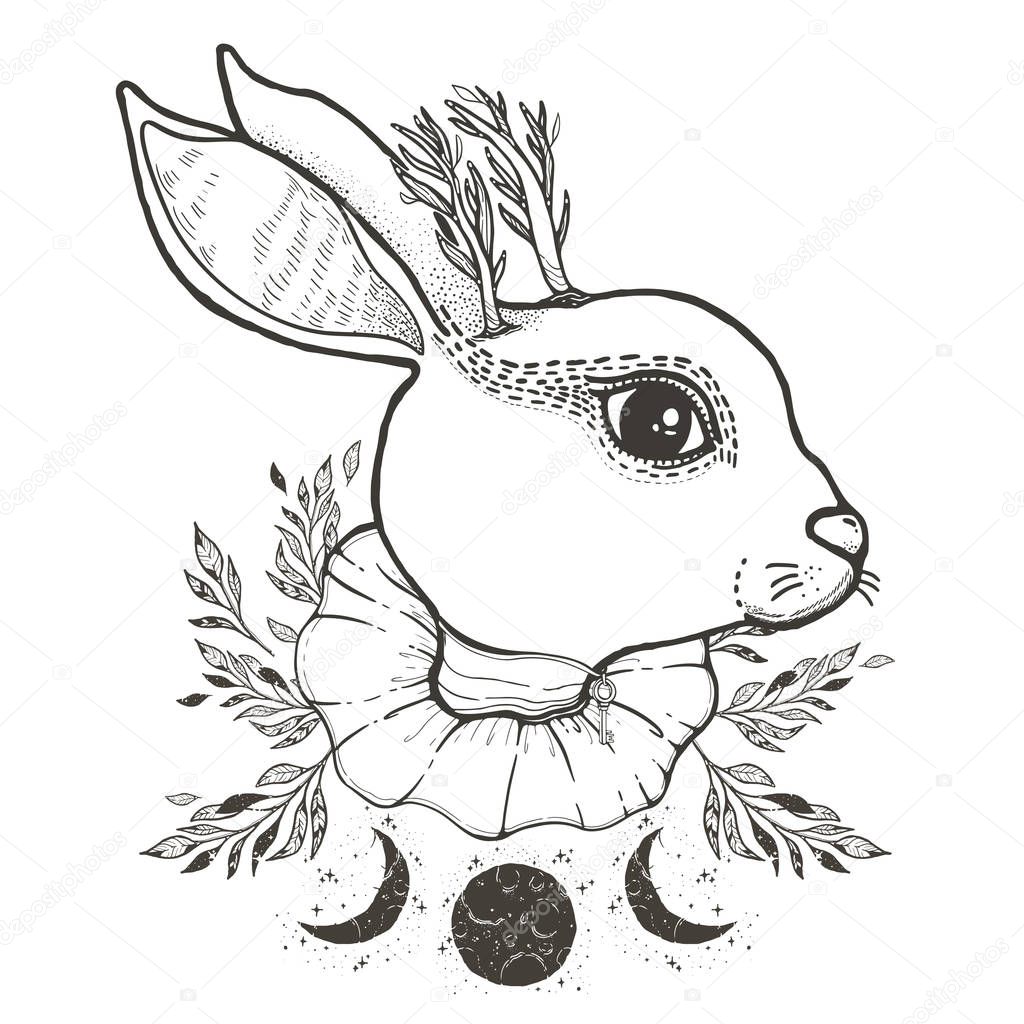 Sketch graphic illustration Circus Rabbit with mystic and occult hand drawn symbols. Vector illustration. Astrological and esoteric concept. Old Fashion Tattoos. Freemasonry and secret societies emblems