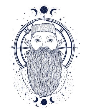 Elle çizilmiş vintage hipster denizci sakalı portre. Eski dövme denizci. Adam bir ideal için baskı, afiş, kitap, t-shirtler ve Tekstil boyama sanattır. Mistik görüntü deniz. Vektör çizim.