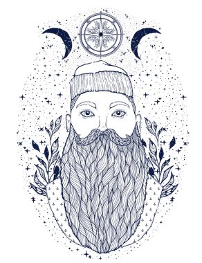 Elle çizilmiş vintage hipster denizci sakalı portre. Eski dövme denizci. Adam bir ideal için baskı, afiş, kitap, t-shirtler ve Tekstil boyama sanattır. Mistik görüntü deniz. Vektör çizim.