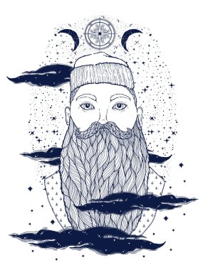 Elle çizilmiş vintage hipster denizci sakalı portre. Eski dövme denizci. Adam bir ideal için baskı, afiş, kitap, t-shirtler ve Tekstil boyama sanattır. Mistik görüntü deniz. Vektör çizim.