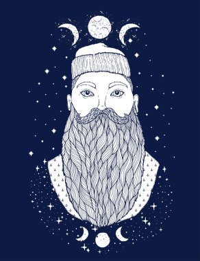 Elle çizilmiş vintage hipster denizci sakalı portre. Eski dövme denizci. Adam bir ideal için baskı, afiş, kitap, t-shirtler ve Tekstil boyama sanattır. Mistik görüntü deniz. Vektör çizim.