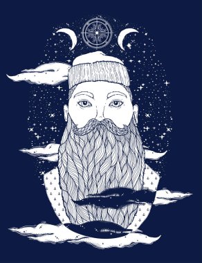 Elle çizilmiş vintage hipster denizci sakalı portre. Eski dövme denizci. Adam bir ideal için baskı, afiş, kitap, t-shirtler ve Tekstil boyama sanattır. Mistik görüntü deniz. Vektör çizim.