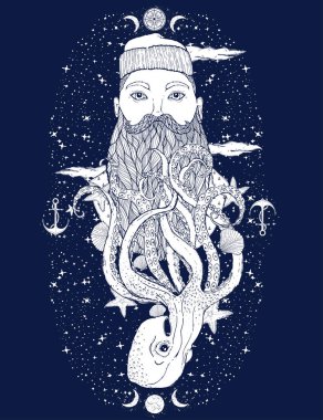 Elle çizilmiş vintage hipster denizci sakalı portre. Eski dövme denizci. Adam bir ideal için baskı, afiş, kitap, t-shirtler ve Tekstil boyama sanattır. Mistik görüntü deniz. Vektör çizim.