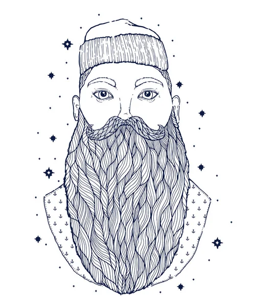 Retrato Barba Marinera Hipster Vintage Dibujado Mano Viejo Marinero Del — Vector de stock