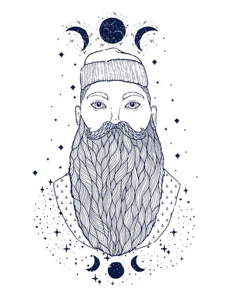 Hand Drawn Vintage Hipster Sailor Beard Portrait Old Tatoo Seaman — Stock Vector