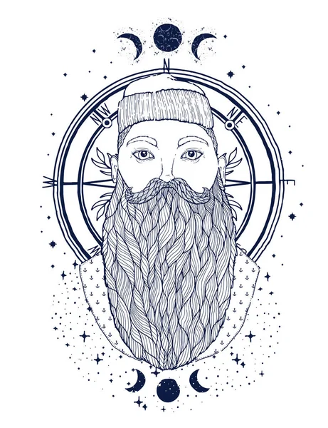 Hand Drawn Vintage Hipster Sailor Beard Portrait Old Tatoo Seaman — Stock Vector