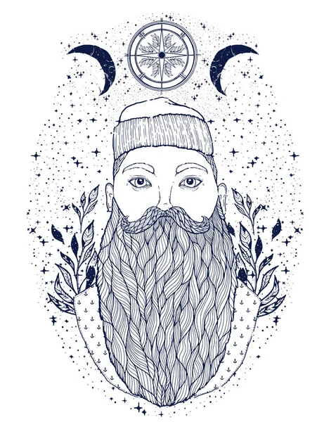 Elle çizilmiş vintage hipster denizci sakalı portre. Eski dövme denizci. Adam bir ideal için baskı, afiş, kitap, t-shirtler ve Tekstil boyama sanattır. Mistik görüntü deniz. Vektör çizim.