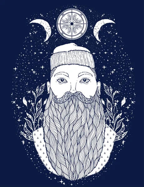 Hand Drawn Vintage Hipster Sailor Beard Portrait Old Tatoo Seaman — Stock Vector