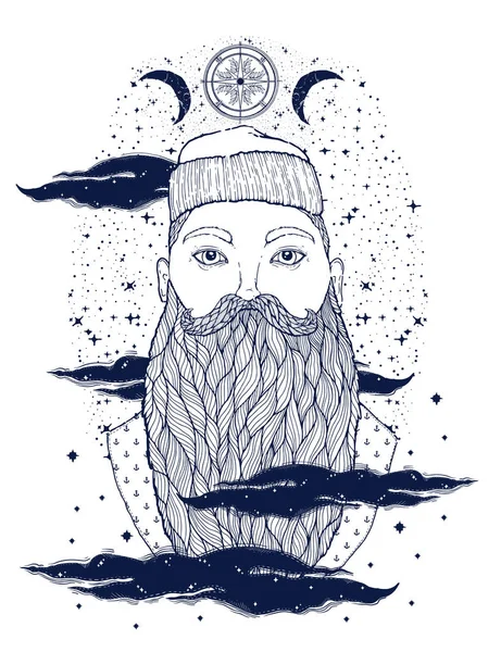 Elle çizilmiş vintage hipster denizci sakalı portre. Eski dövme denizci. Adam bir ideal için baskı, afiş, kitap, t-shirtler ve Tekstil boyama sanattır. Mistik görüntü deniz. Vektör çizim.
