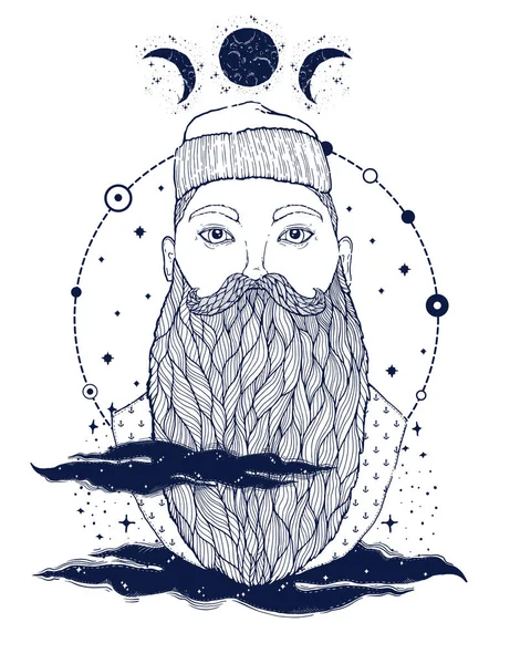 Hand Drawn Vintage Hipster Sailor Beard Portrait Old Tatoo Seaman — Stock Vector