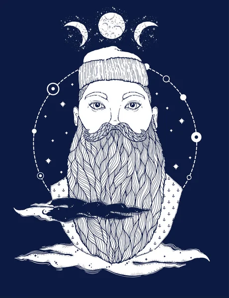 Hand Drawn Vintage Hipster Sailor Beard Portrait Old Tatoo Seaman — Stock Vector