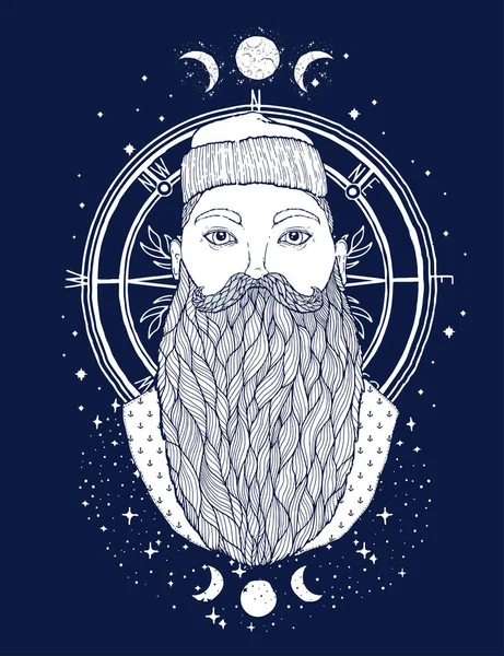 Hand Drawn Vintage Hipster Sailor Beard Portrait Old Tatoo Seaman — Stock Vector