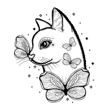 Eskiz grafik illüstrasyon kedi mistik ve gizli el ile sembolleri çizilmiş. Vektör çizim. Astrolojik ve ezoterik kavramı. Vintage eller eski moda dövmeli. Siyah ve beyaz