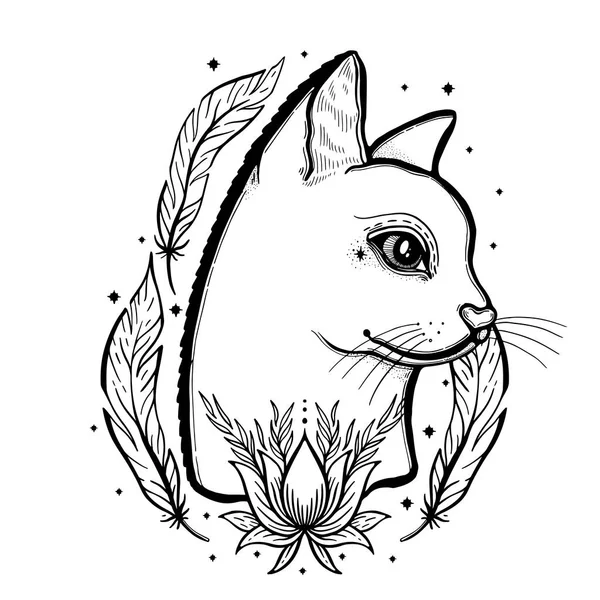 神秘とオカルトの手でスケッチ図の猫には シンボルが描かれています ベクトルの図 占星術と難解な概念 古いファッション入れ墨をしたヴィンテージの手 黒と白 — ストックベクタ